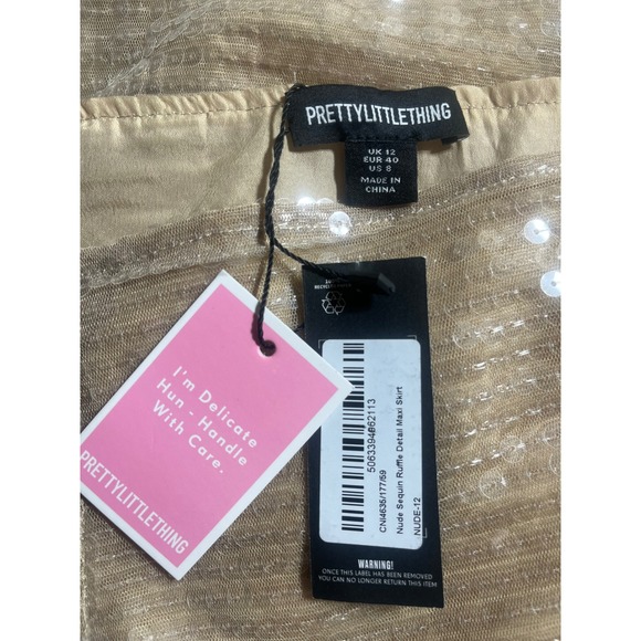 PrettyLittleThing Nude Sequin Ruffle Detail Maxi Skirt CNI4635 Champagne 8 NEW - Picture 2 of 5